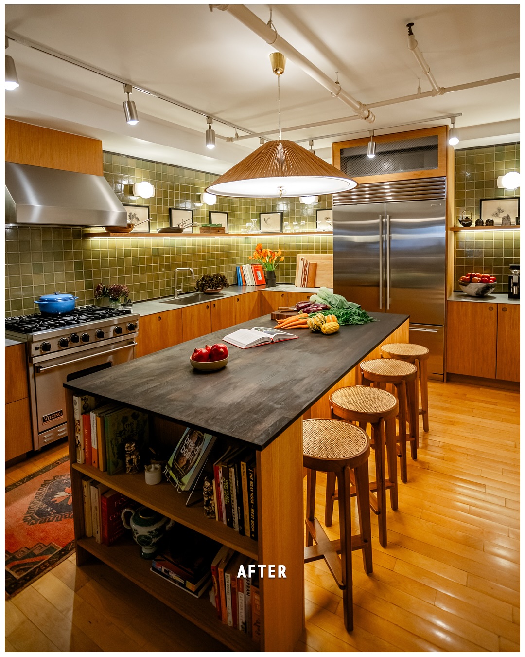 Bowery loft kitchen with a long island, counter stools, and warm wood cabinetry