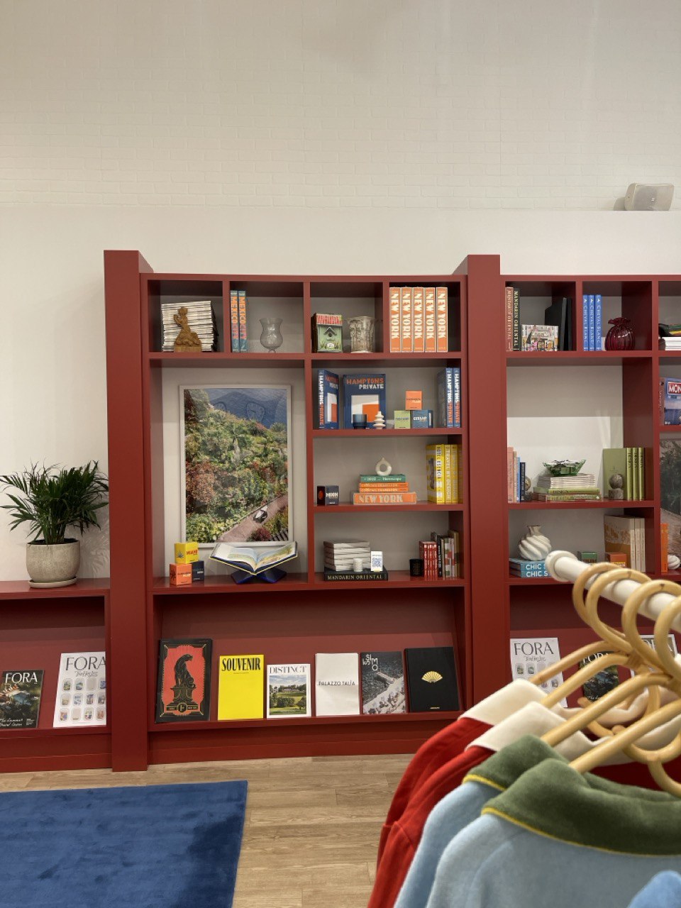 Built-in terracotta shelving with travel books, a framed landscape, and a potted plant