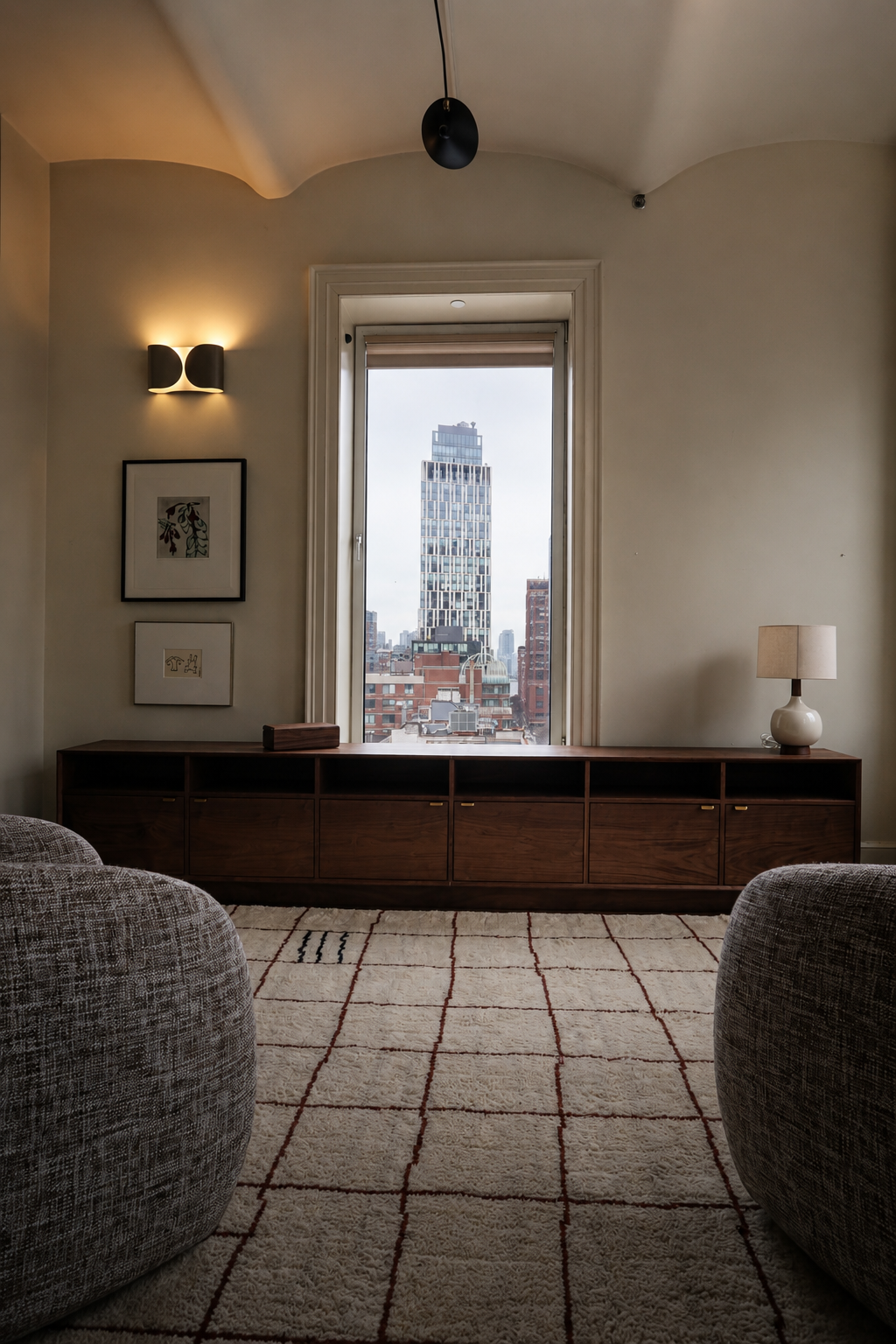 Walnut credenza in vaulted living room