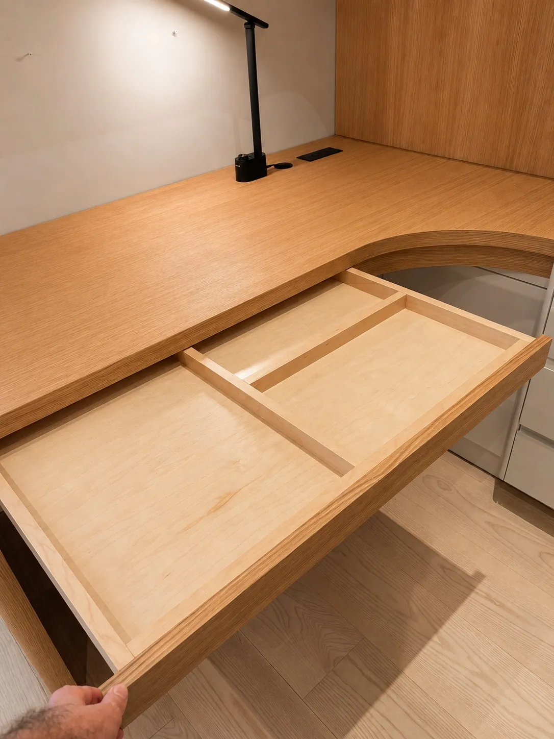 The desk drawer pulled out — maple sides, dovetailed corners, maple bottom, single divider