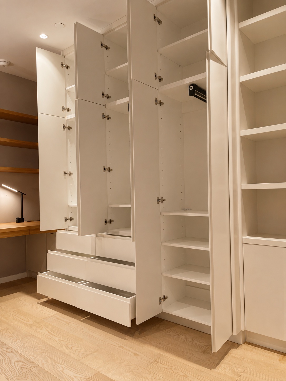 Wardrobe doors open — the full system revealed